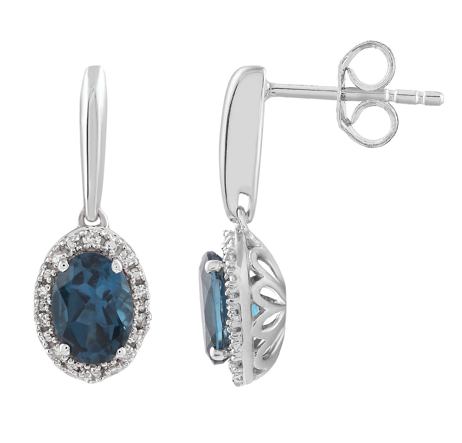 London Blue Topaz Earrings with 0.1ct Diamonds in 9K White Gold