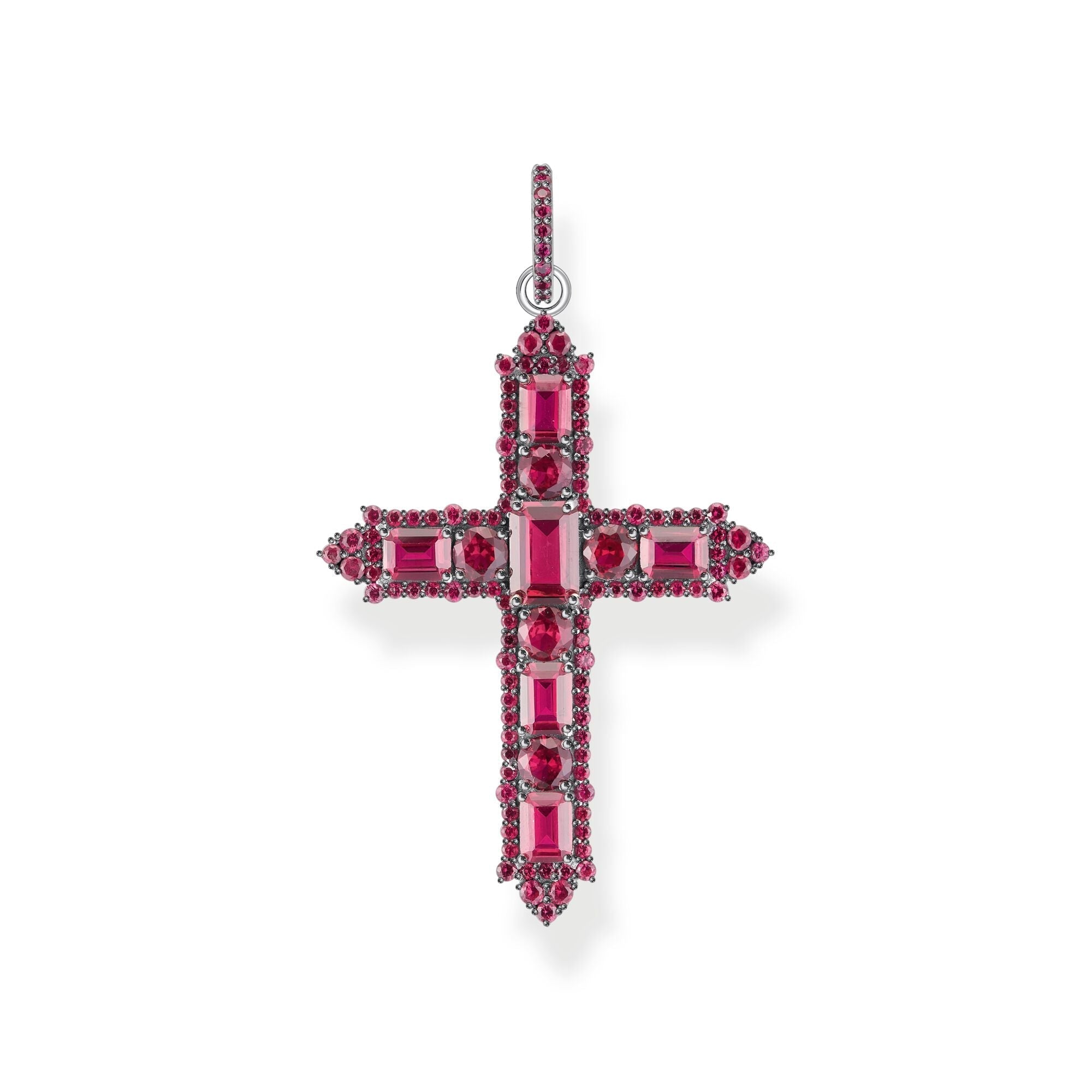 Blackened cross pendant with ruby red stones | The Jewellery Boutique