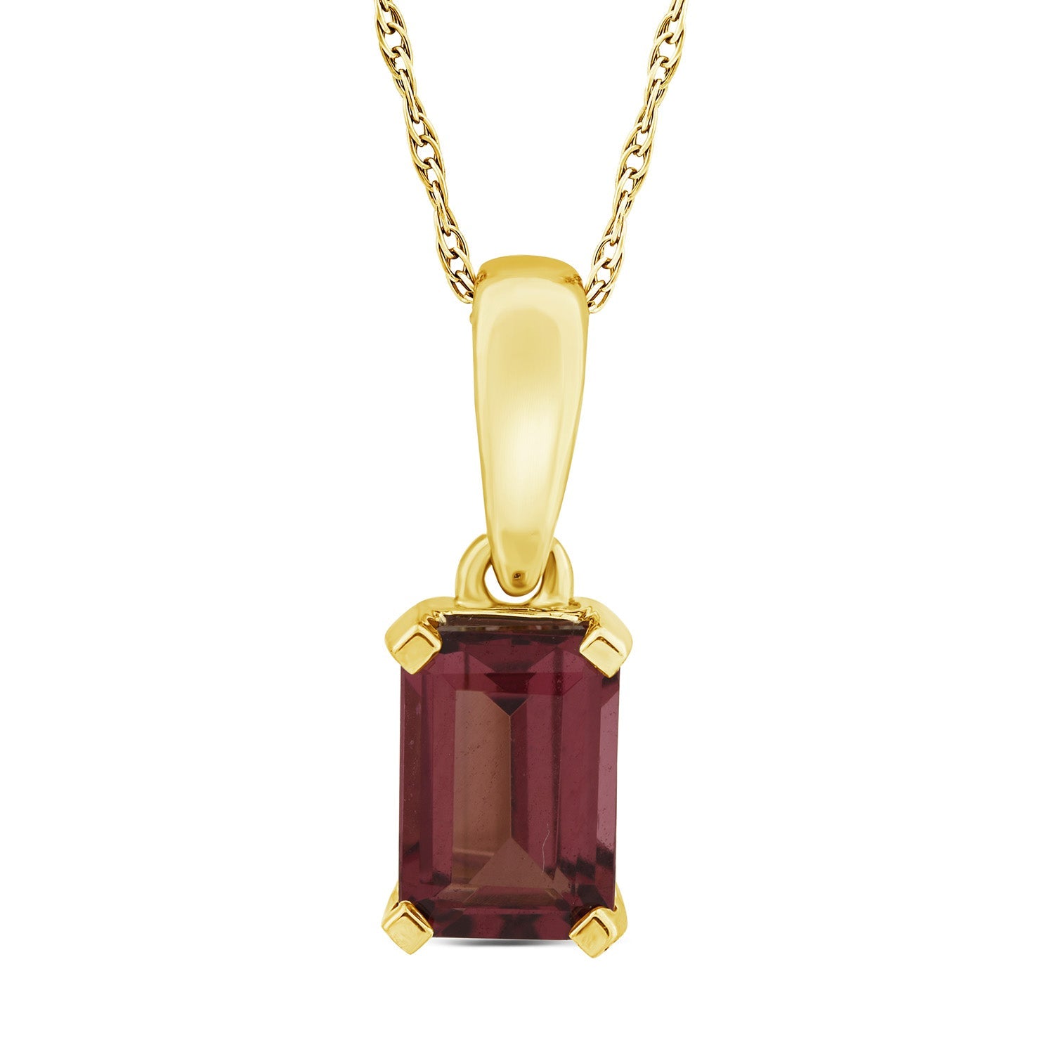 Emerald Cut Rhodolite Garnet Pendant in 9K Yellow Gold