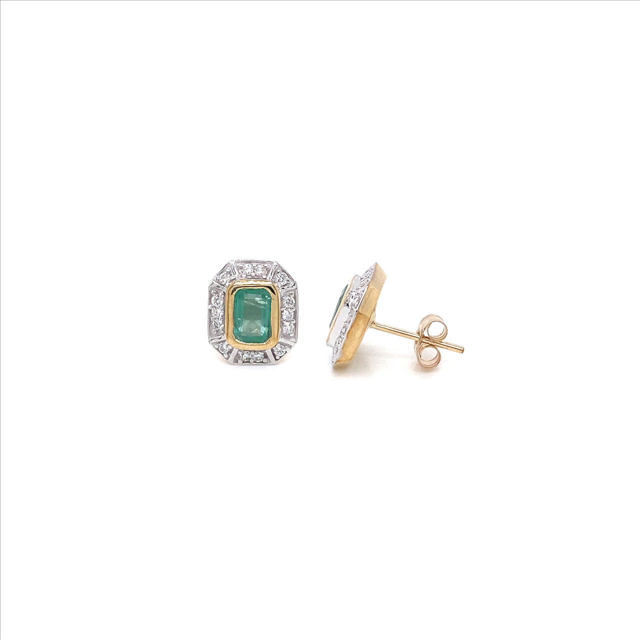 9ct Two Tone Yg/Wg Emerald & Diamond Stud Earrings